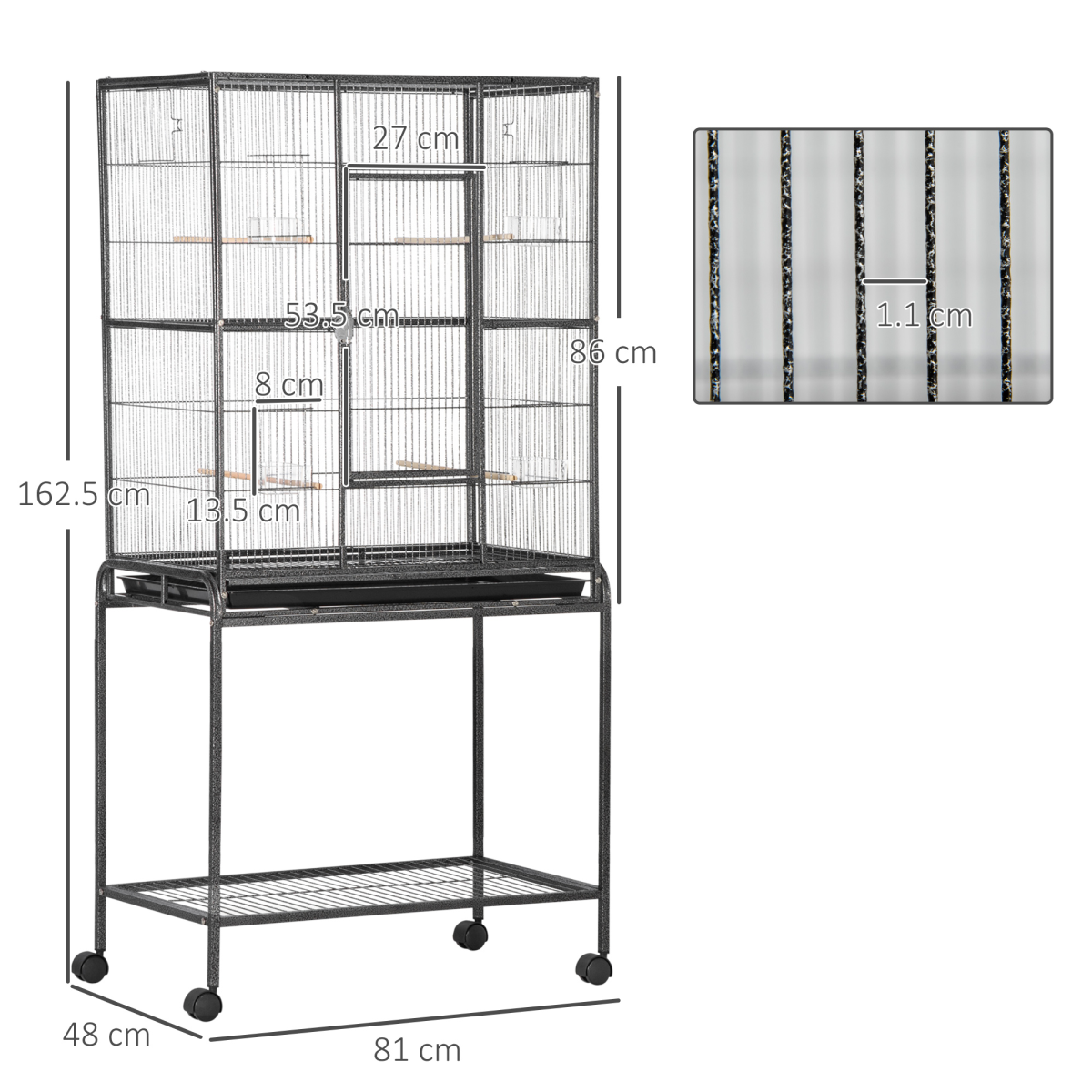 Rolling Bird Cage w/ Detachable Stand, Storage Shelf, Wood Perch, Food Container
