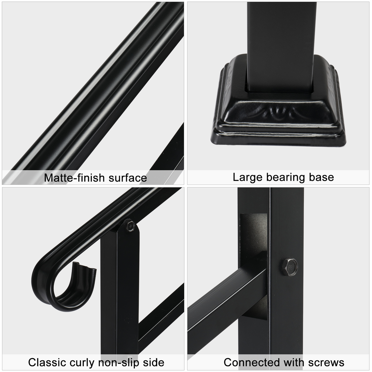 [Same Code：52168185  78675783]Handrails for Outdoor Steps, Wrought Iron Handrail Fits 1 or 3 Steps, Transitional Handrail with Installation Kit, Black