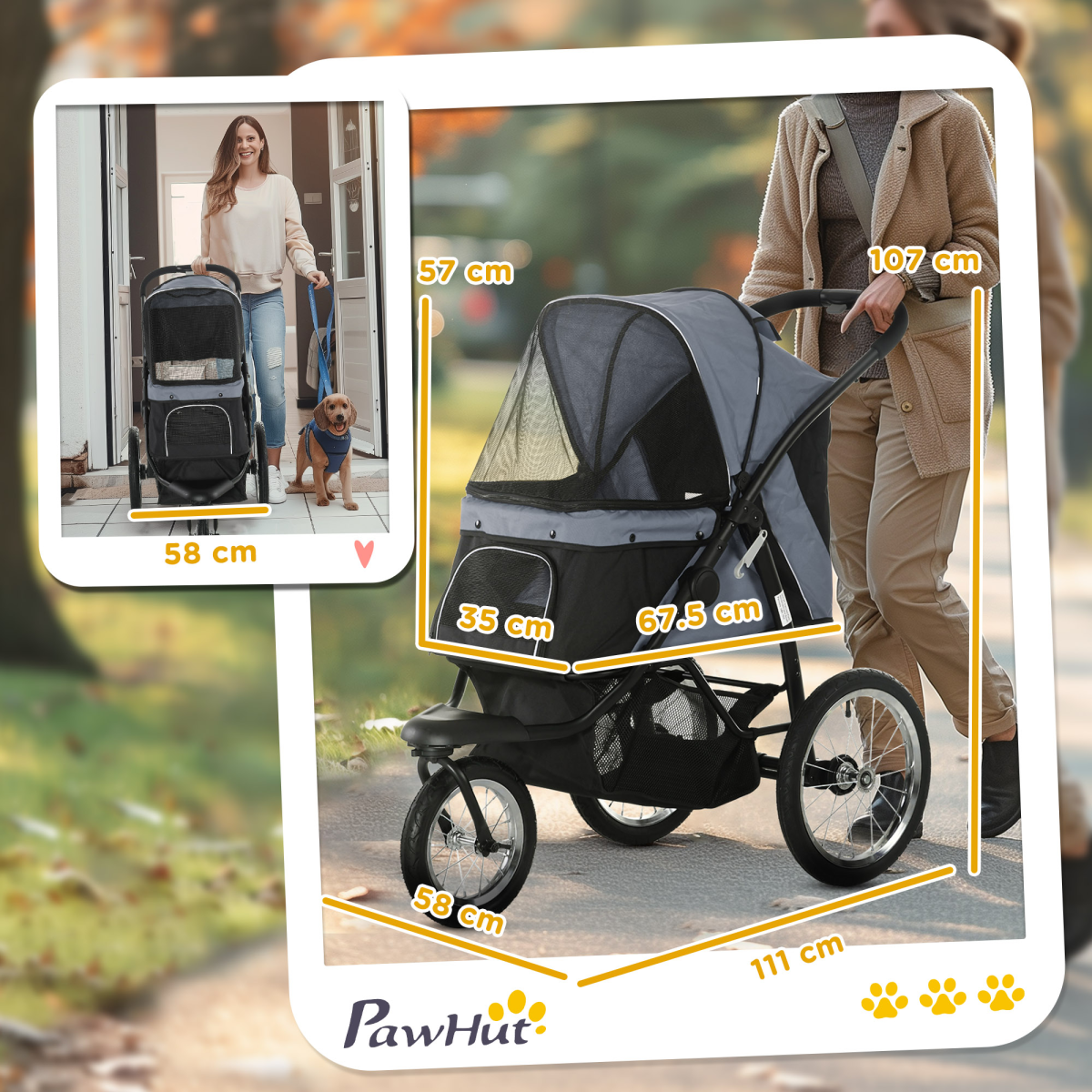 3 Wheel Pet Stroller, for Medium Small Dogs, Foldable Cat Pram - Grey