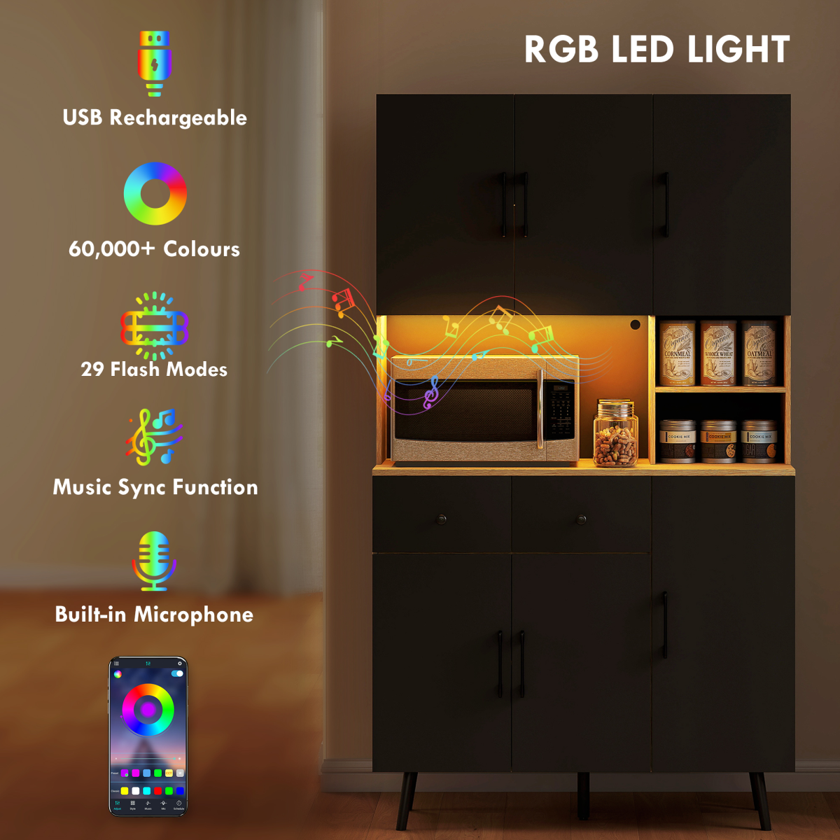 HOMCOM Tall Kitchen Cupboard with LED Lights and Adjustable Shelves, Oak