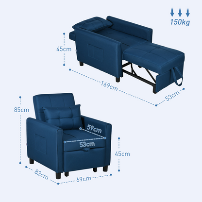 HOMCOM Pull Out Chair Bed, Sleeper Chair with Pillow, Side Pockets, Blue