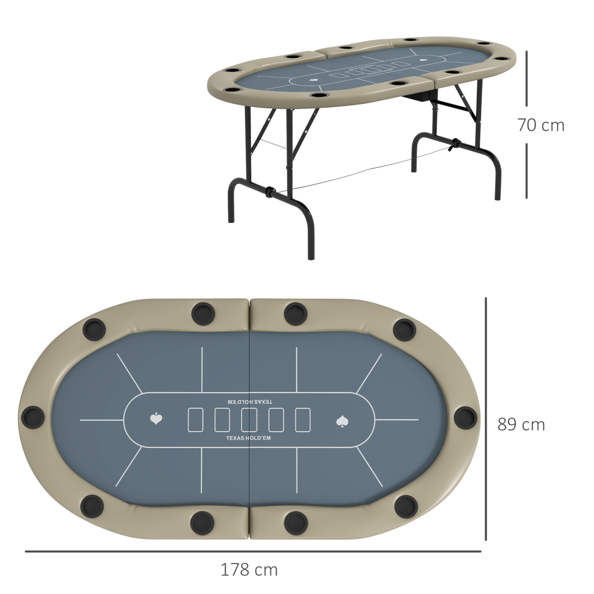 SPORTNOW 10 Player Folding Poker Table with Cup Holders, Steel Base, Brown