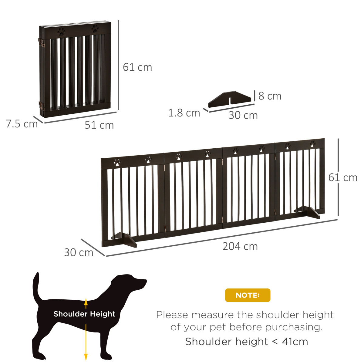 Freestanding Pet Gate 4 Panel Folding Wooden Dog Barrier  w/ Support Feet