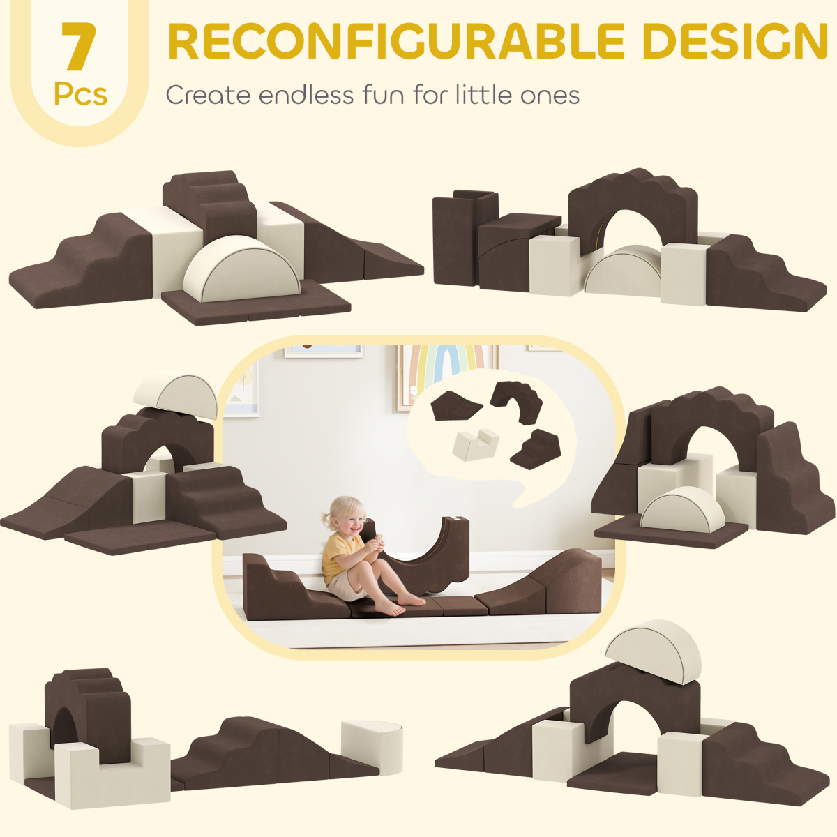 AIYAPLAY Kids Soft Play Set, 7 Piece Foam Climbing Blocks, Brown