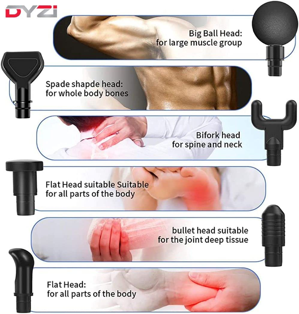 Handheld Dyzi Massage Gun, Percussion Deep Tissue Muscle Body Massager 6 Heads