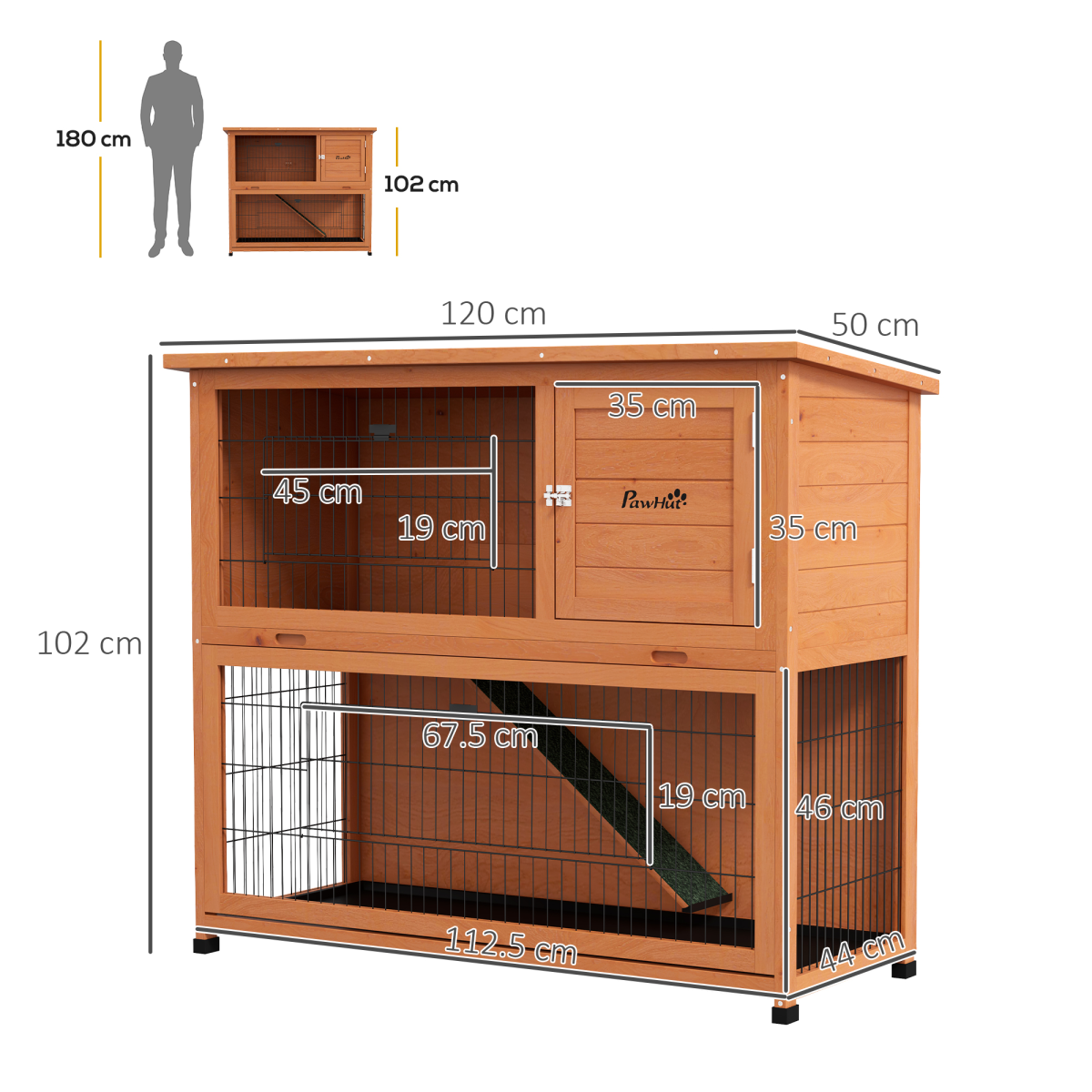 PawHut Wooden Rabbit Hutch Antiseptic Outdoor, for 1-2 Rabbits, Orange