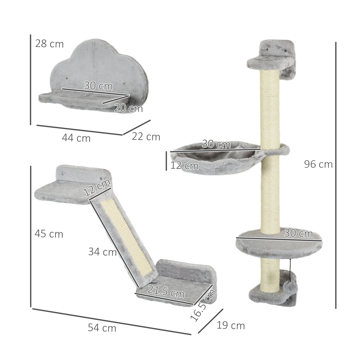 PawHut Cat Wall Furniture with Hammock Platforms Ladder Scratching Post - Grey
