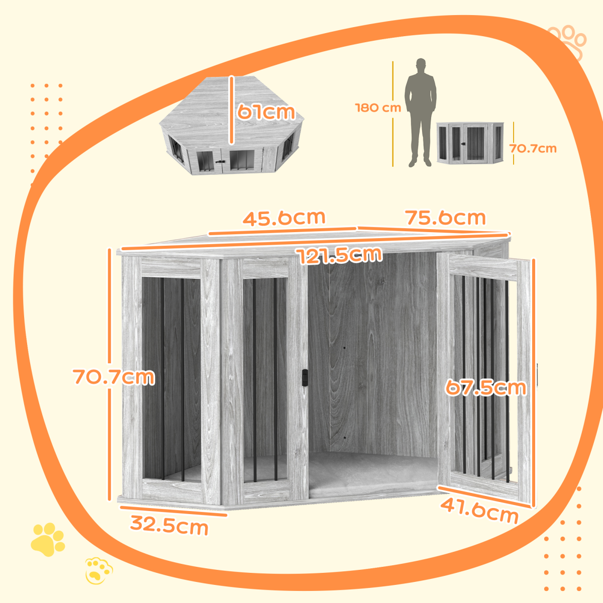 PawHut Dog Crate Furniture for Large Dogs w/ Cushion, Door - Grey