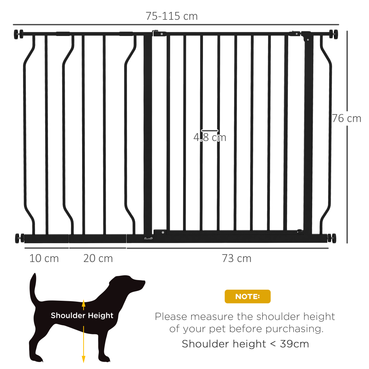 PawHut Dog Gate Wide Stair Gate with Door Pressure Fit, 75-115W cm, Black