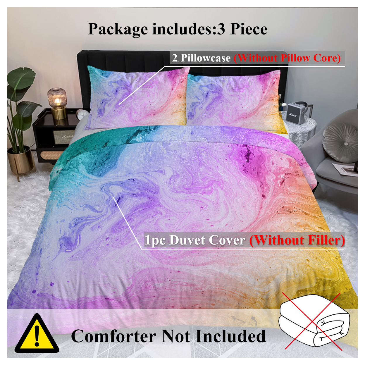 Girly Duvet Cover Rainbow Glitter Ombre Bedding Sets 3 Pcs Chic Unicorn Pink Purple Blue Green Pastel Bed Spreads Sparkle Quilt Cover Set with 2 Pillow Shams (Double)