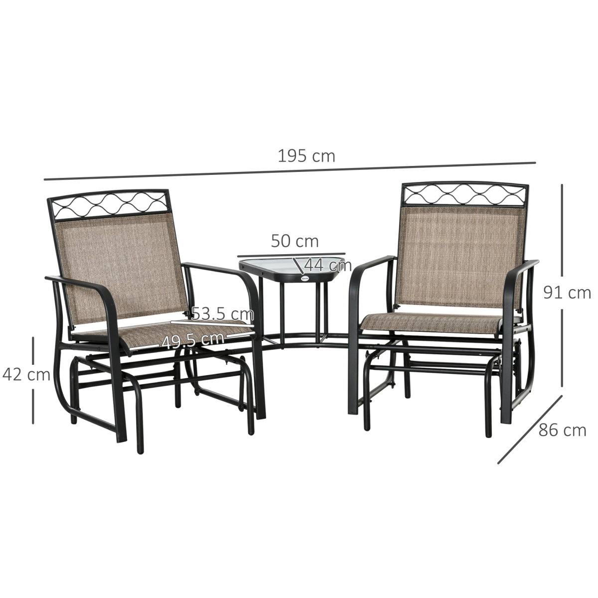 Glider Chair, 2 Seater Patio Rocking Chairs, Tempered Glass Table, Brown