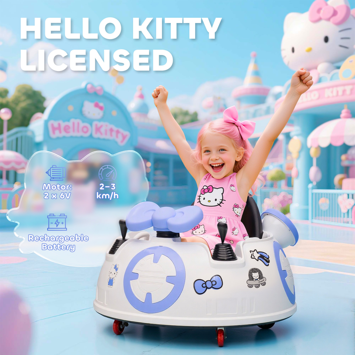 AIYAPLAY Hello Kitty Kids Ride on Bumper Car with Remote Control, White