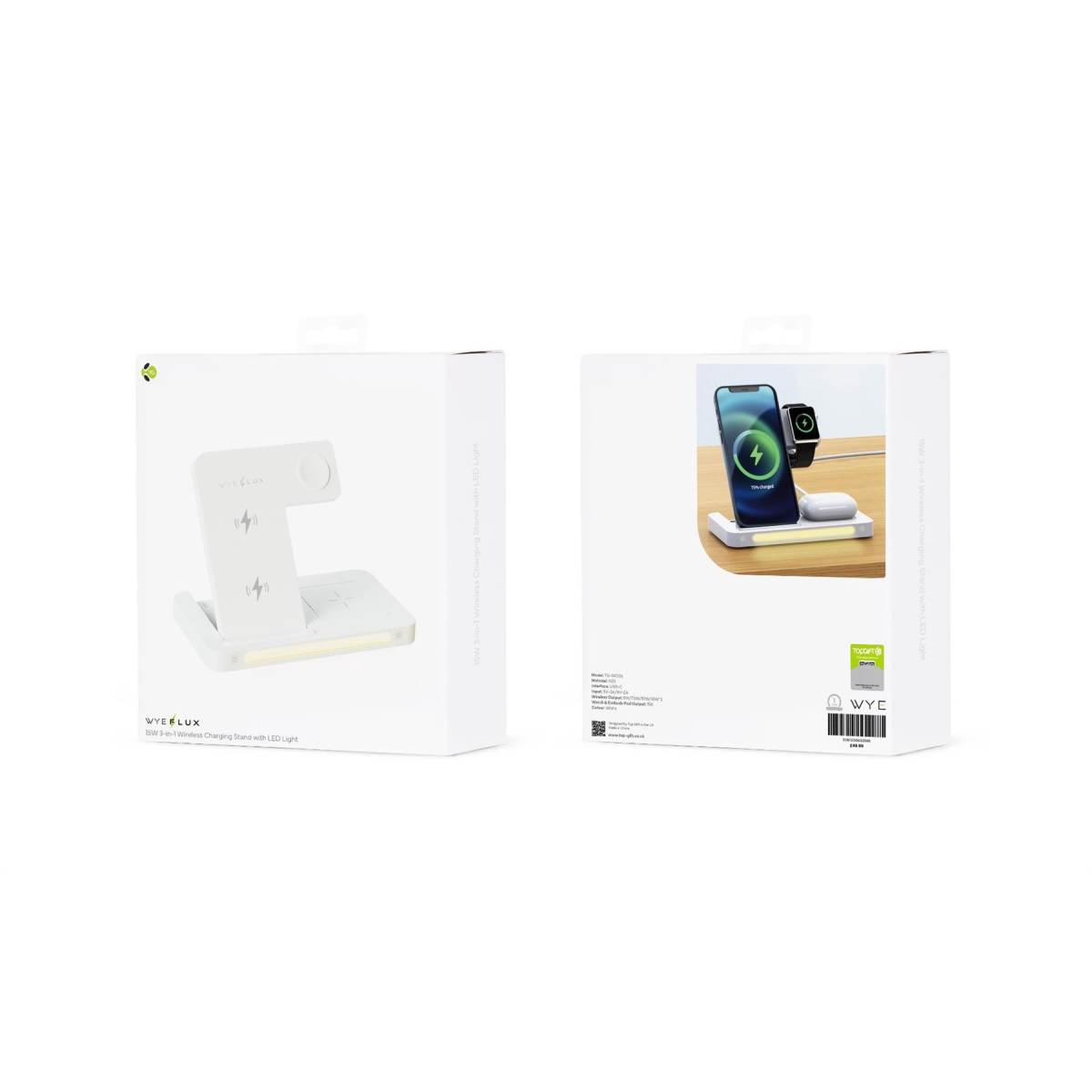 WYEFLUX 15W 3-in-1 Wireless Charging Stand with LED Light