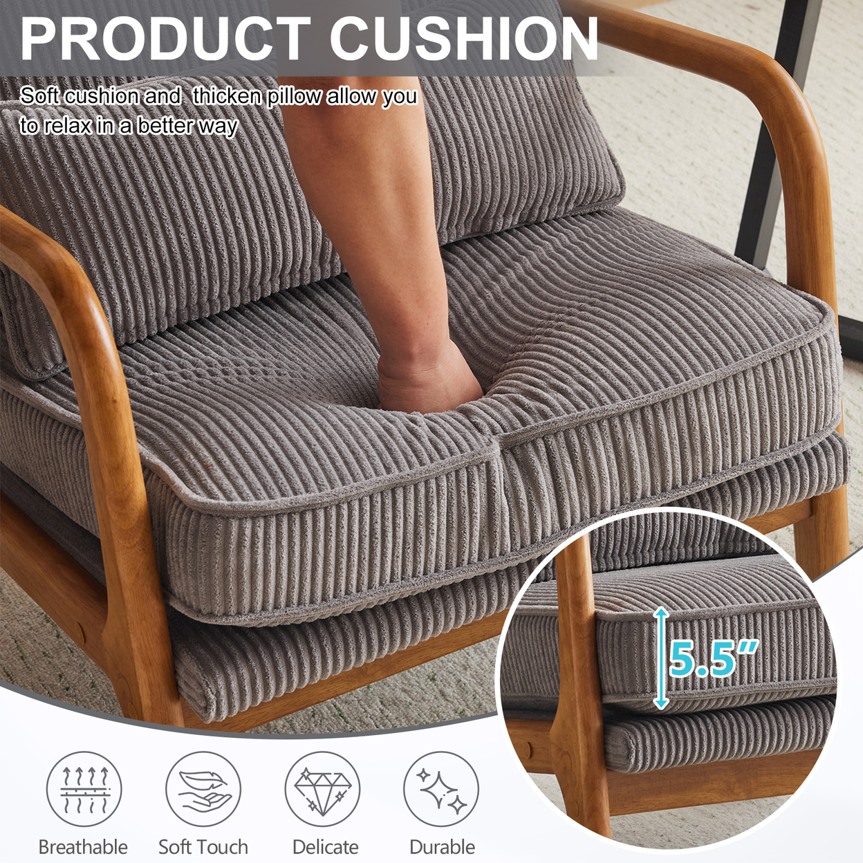 Low Arm Accent Chair - Light Gray Corduroy Upholstered Indoor Lounge Chair, Compact Single Seater with Sturdy Frame (330LBS Weight Capacity)