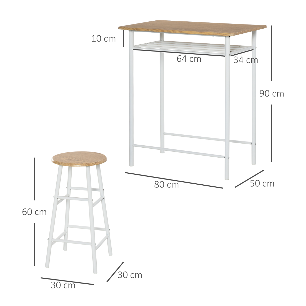 3Pc Bar Height Dining Furniture SetWhite and Oak 3-Piece Kitchen