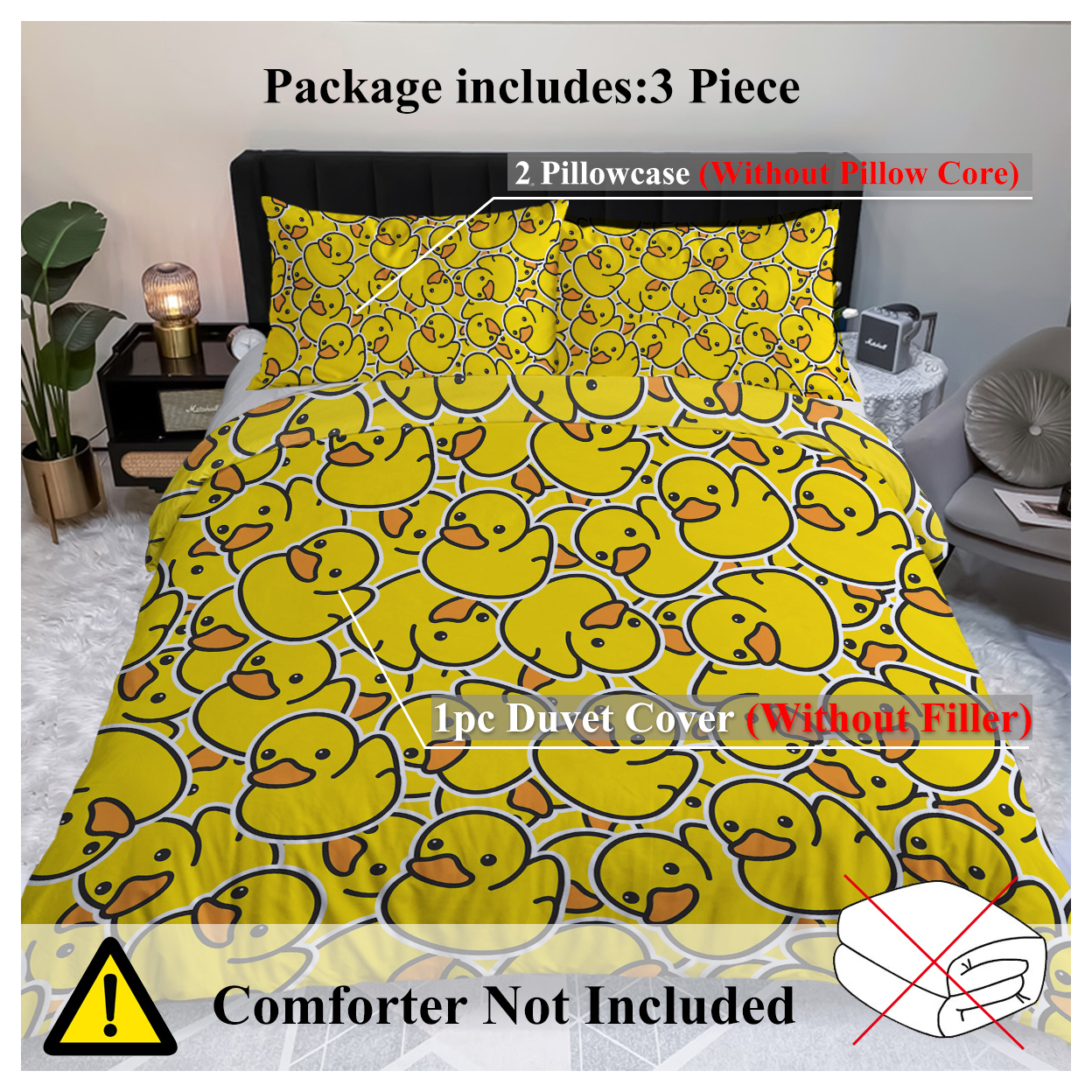 Duck Bedding Yellow Rubber Duck Duvet Cover Sets for Kids 3 Pieces Cute Yellow Duckies Comforter Cover Set Cartoon Duck Gifts for Duck Lovers (Single)