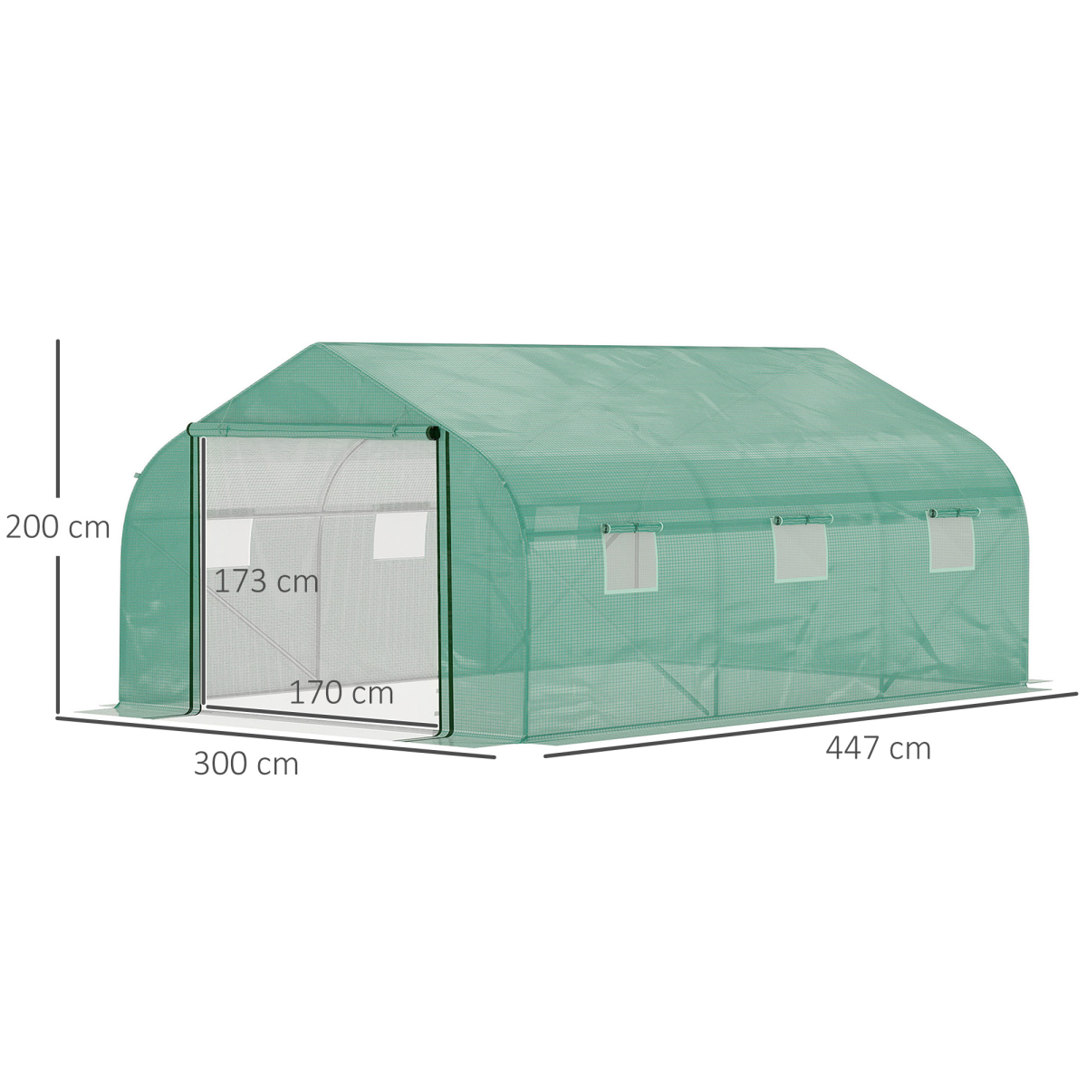 4.47 x 3 x 2m Walk-in Polytunnel Tent,  PE Cover, ZipDoor 6Windows, Green