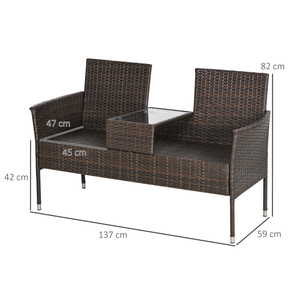Outsunny 2 Seat Rattan Garden Bench with Padded Cushions, Brown/ Cream White