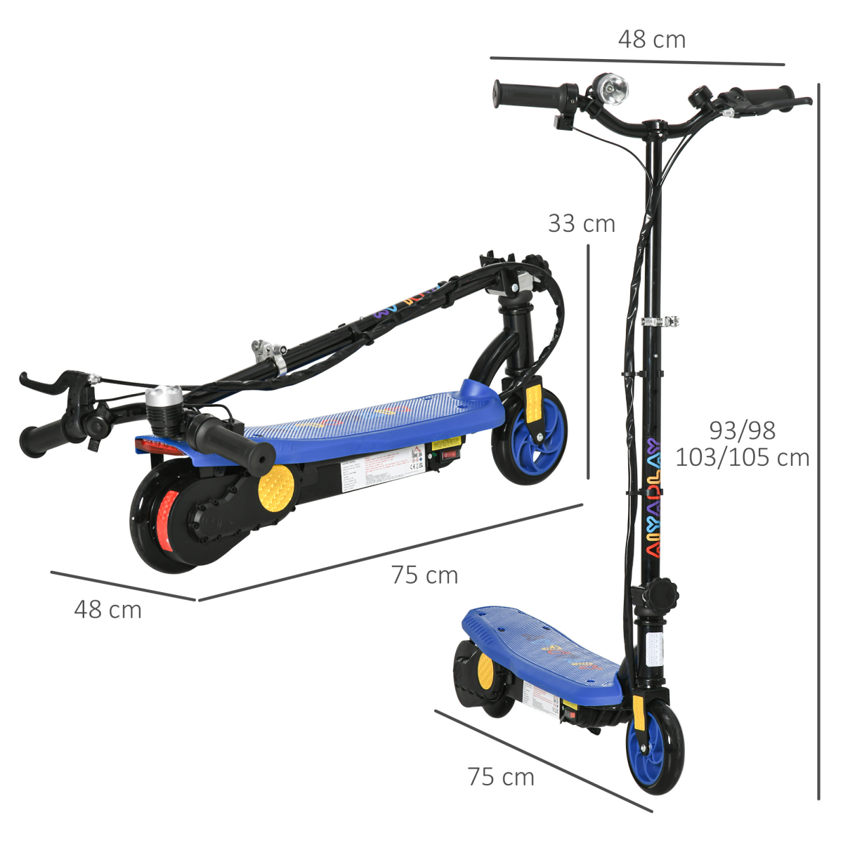 Folding Electric Scooter E-Scooter w/ LED Headlight, for Ages 7-14 Years - Blue