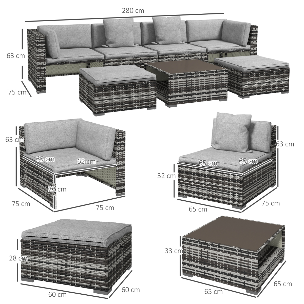 Outsunny 7 PCs Rattan Garden Furniture Set with Side Shelf, Stools, Table, Grey