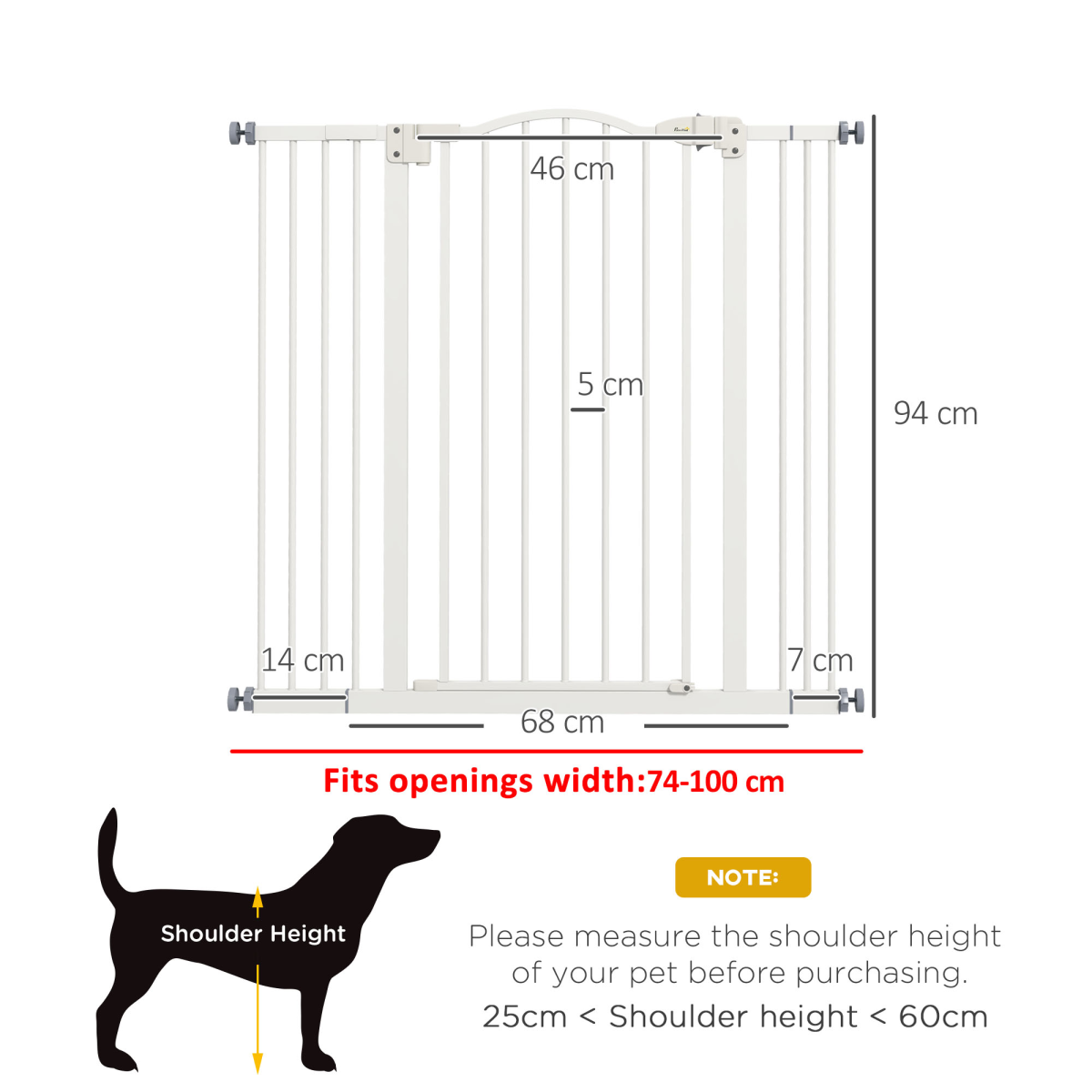 PawHut 74-100cm Adjustable Metal Pet Gate Safety Barrier w/Auto-Close Door White