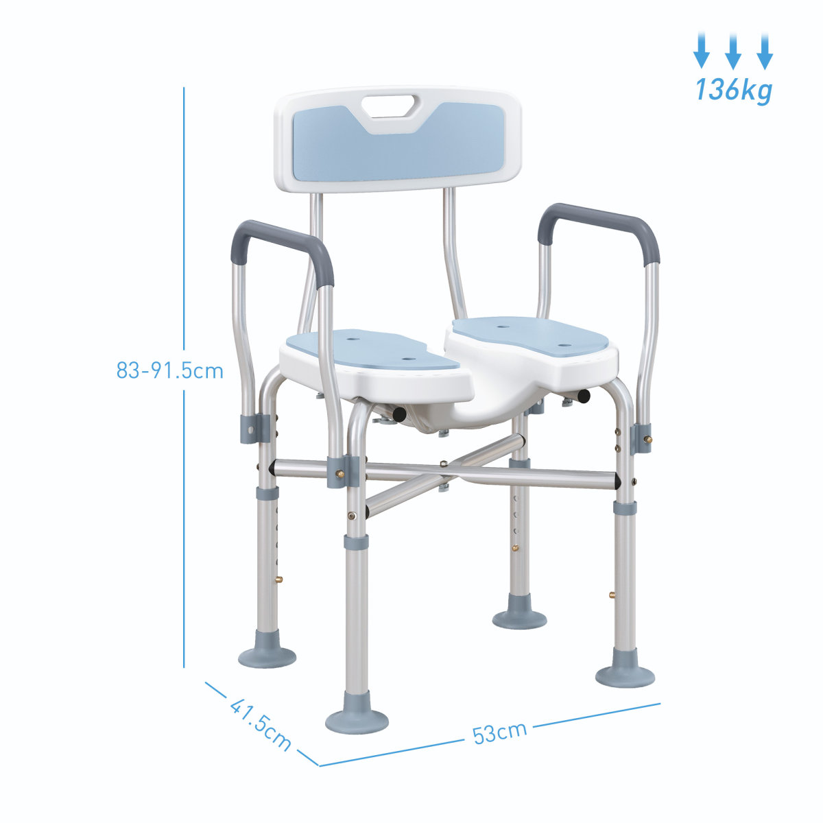 HOMCOM Padded Bath Chair with Slotted Seat and Adjustable Height, Light Blue