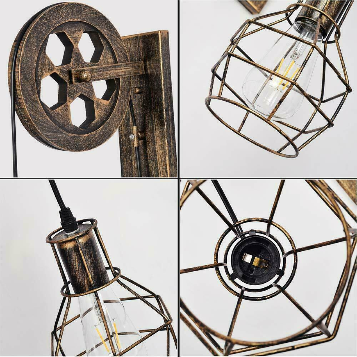 Brushed Copper Retro Industrial Pulley Wheel Cage Wall Light E27~1913