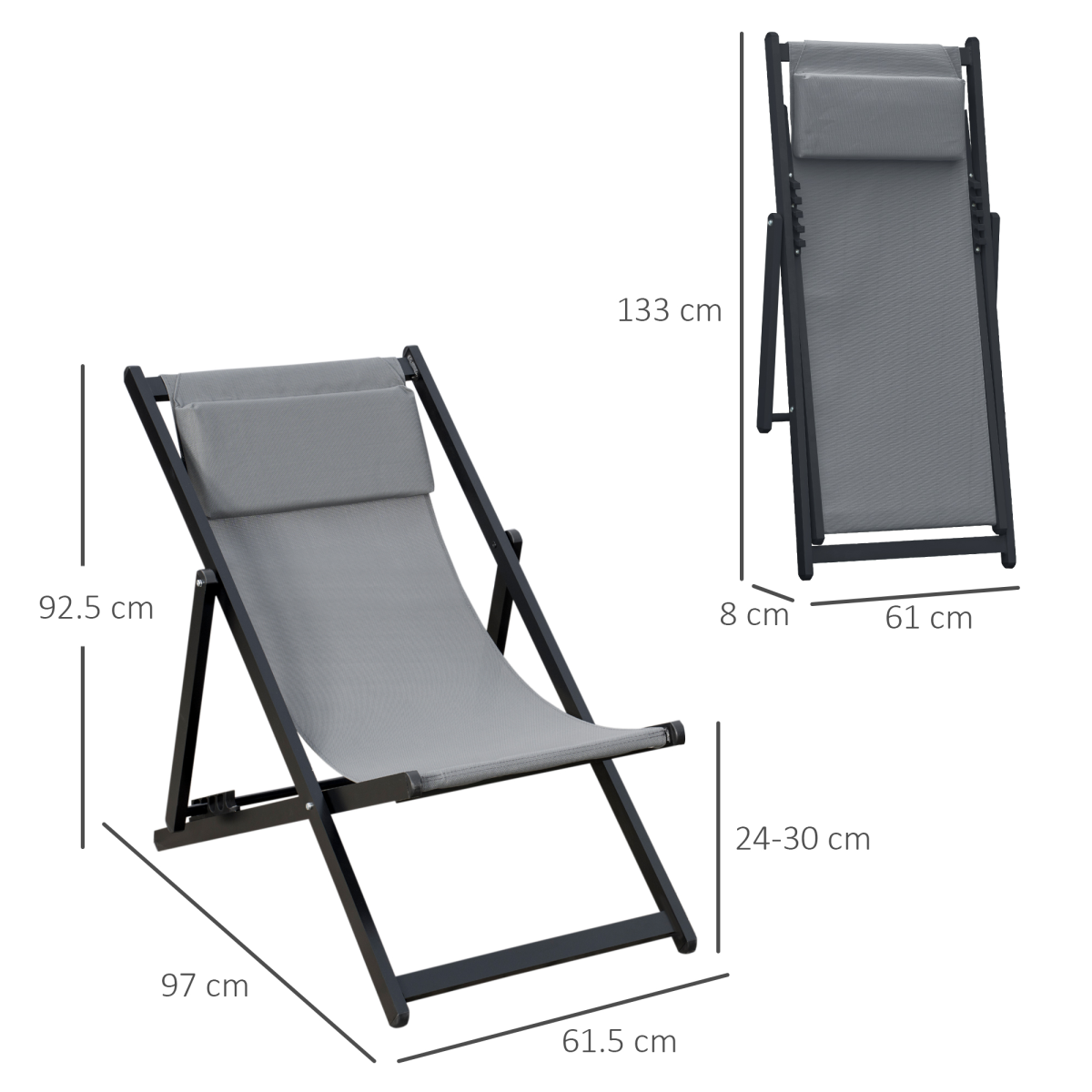 2Pcs Texteline Chaise Lounge Recliner Chair Adjust Lounger Patio Grey