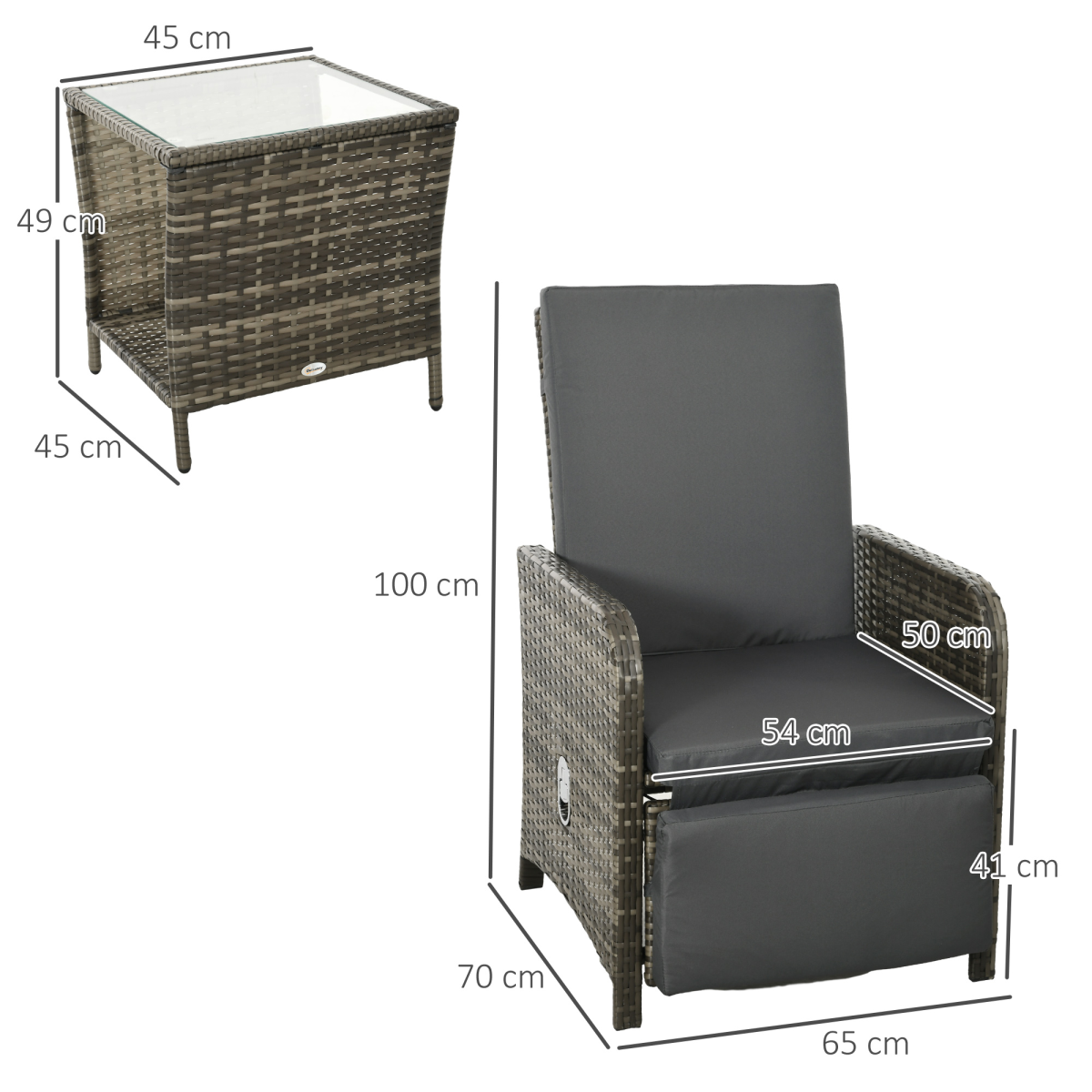 Outsunny 3 Pieces Rattan Bistro Set w/ Adjustable Backrest - Mix-Grey