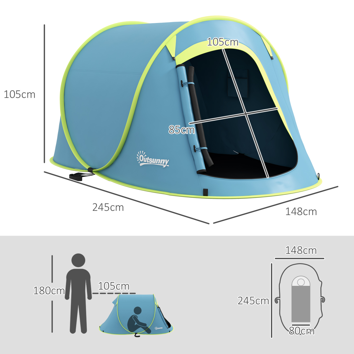 Outsunny Pop up Camping Tent for 2 Man, 2000mm Waterproof with Carry Bag, Blue