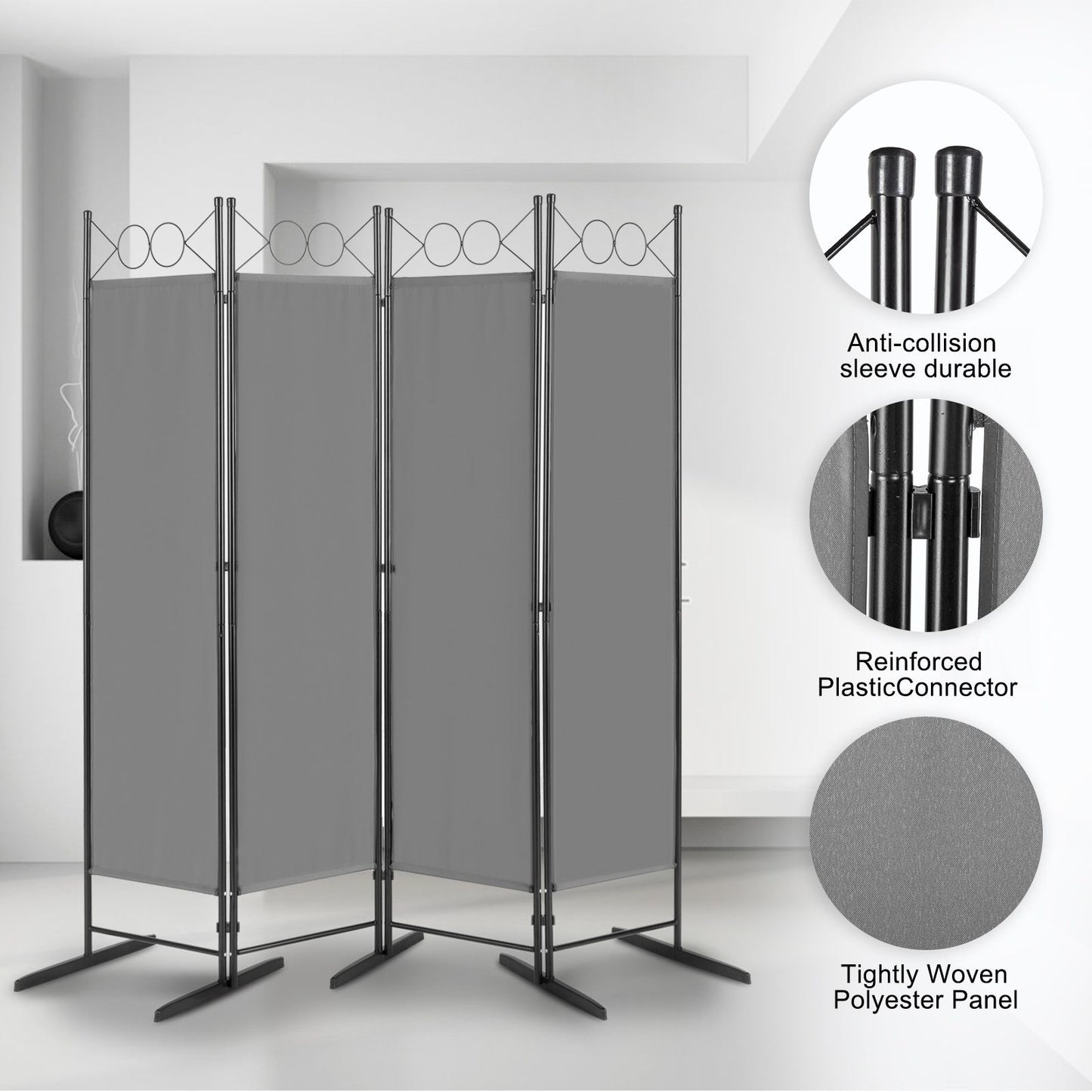 5.74FT 4-Fold Top With Shape 130g Polyester Cloth Plastic Feet Carbon Steel Frame Foldable Screen Gray