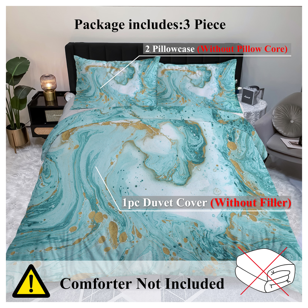 Chic Girly Marble Duvet Cover Mint Gold Glitter Turquoise Bedding Comforter Set Abstract Aqua Teel Blue Duvet Cover(Single)