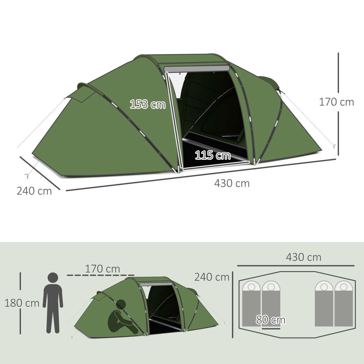 Outsunny 4-6 Persons Camping Tent Dome Family Travel Group Hiking Room Fishing