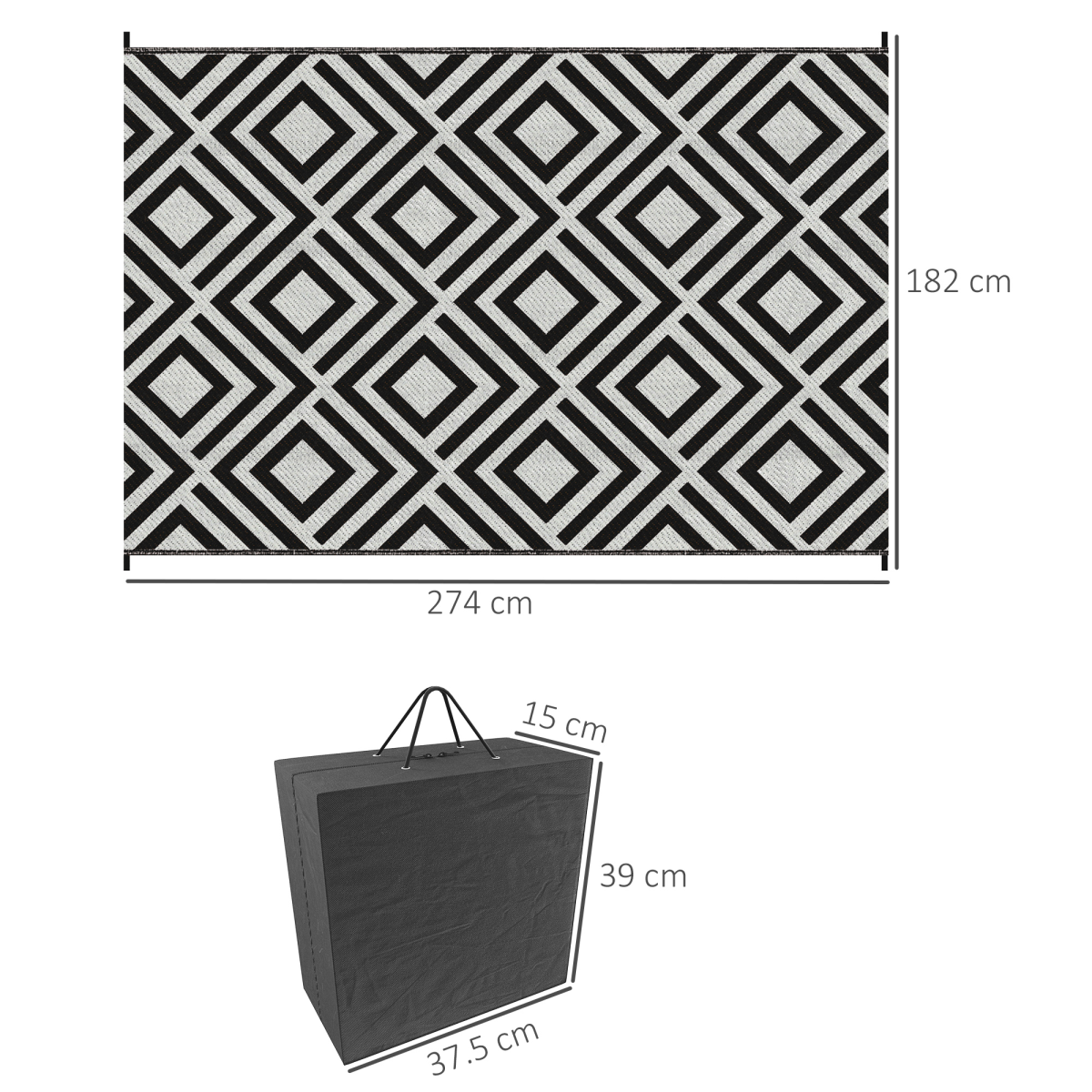 Outsunny Reversible Waterproof Outdoor Rug with Carry Bag, 182 x 274 cm, Black