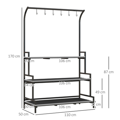 Outsunny 3 Tiered Plant Rack Stand with Hanging Hooks for Indoor Outdoor Use