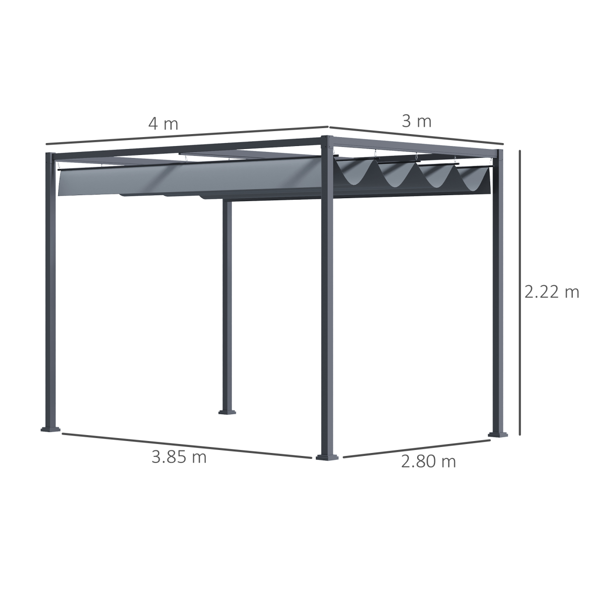 4 x 3m Metal Pergola Gazebo Patio Sun Shelter Retractable Canopy Grey Outsunny