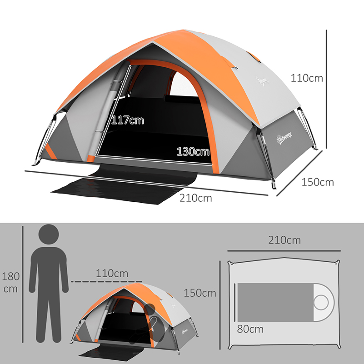 Outsunny Camping Tent, 2 Man Family Tent, Grey and Orange
