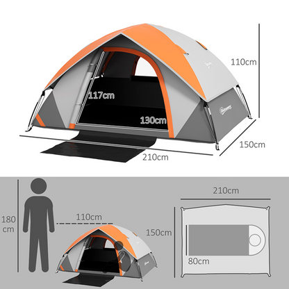 Outsunny Camping Tent, 2 Man Family Tent, Grey and Orange