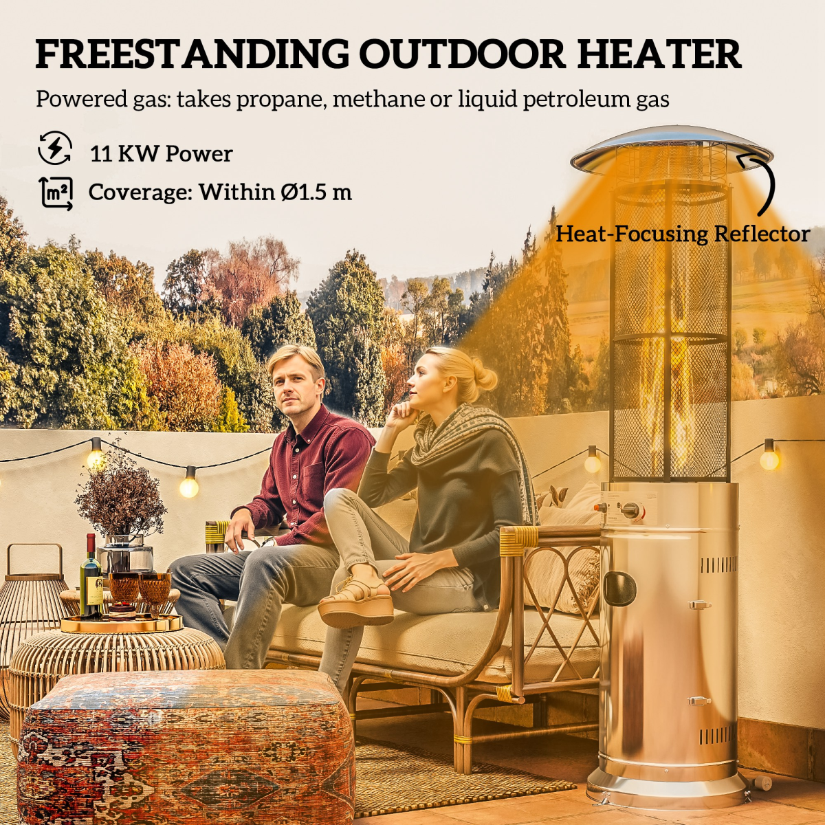 Outsunny 11 KW Gas Patio Heater, Propane Heater with Tip-Over Switch, Silver