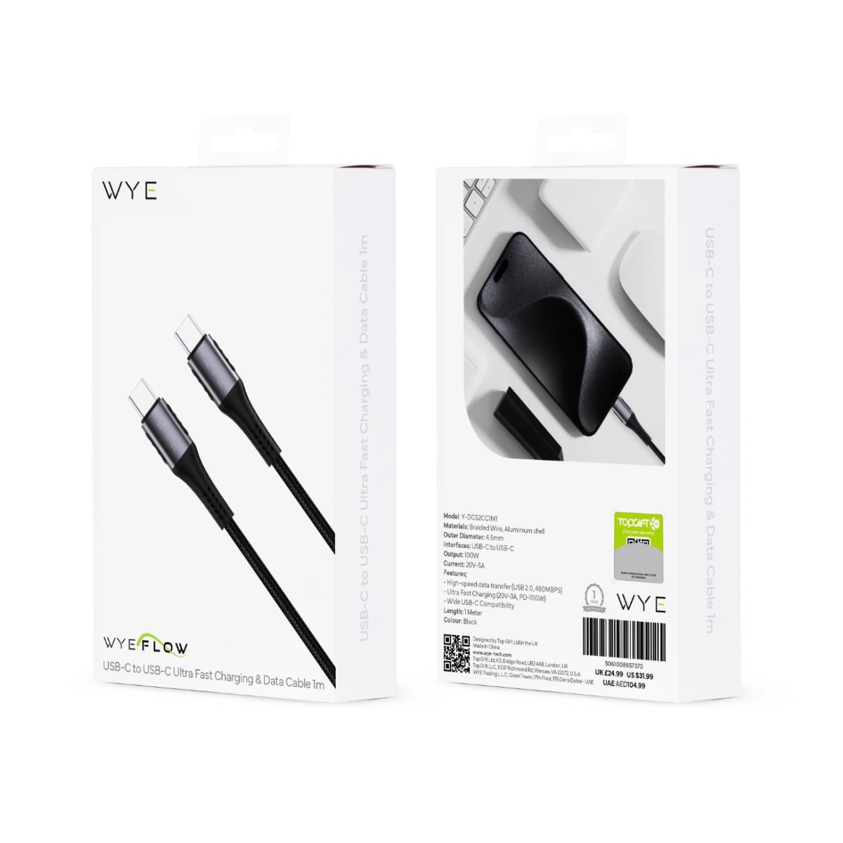 WYEFLOW USB-C to USB-C 100W Ultra Fast Charging & Data Cable 1m