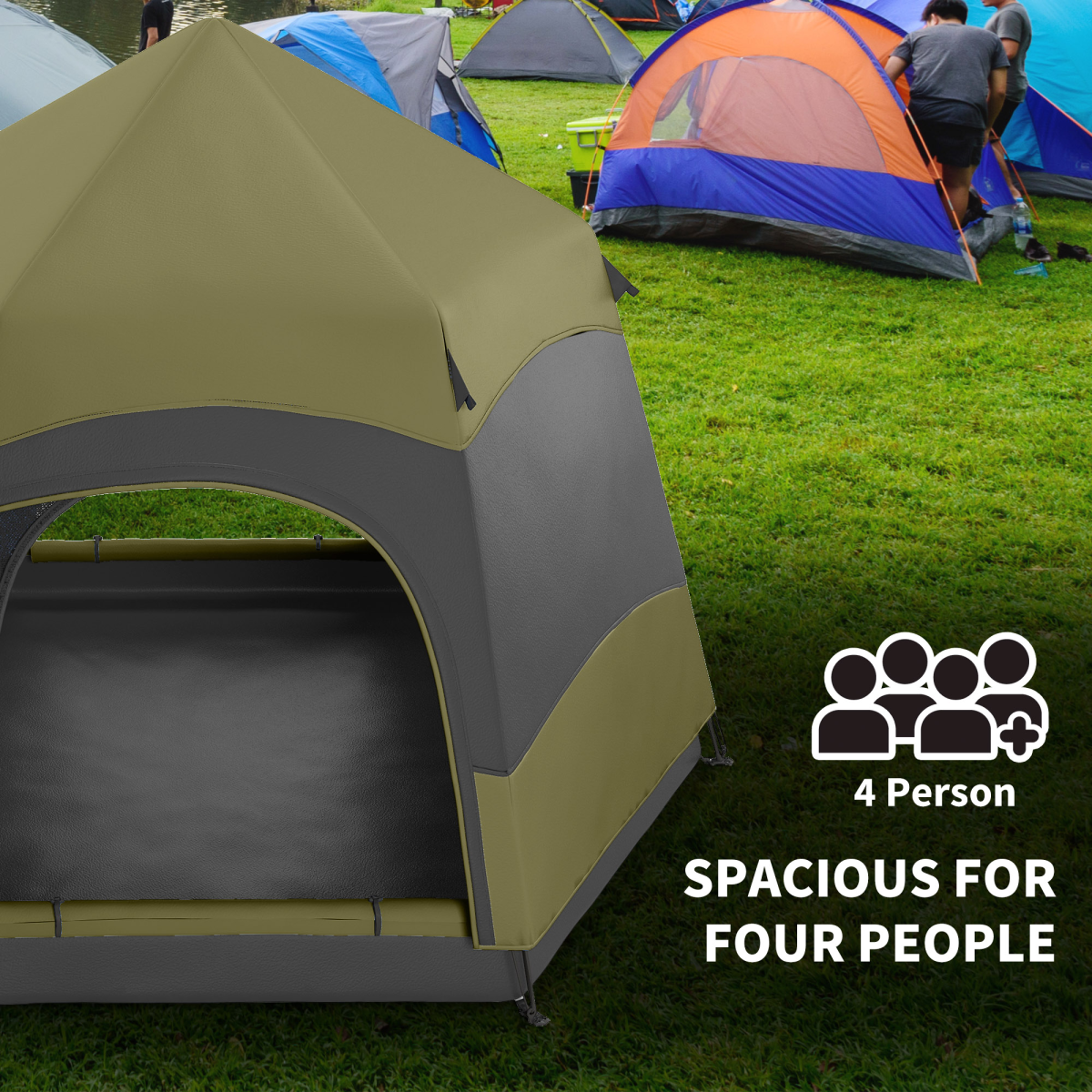 Outsunny 4 Person Camping Tent Festival Hiking Shelter, Dark Green