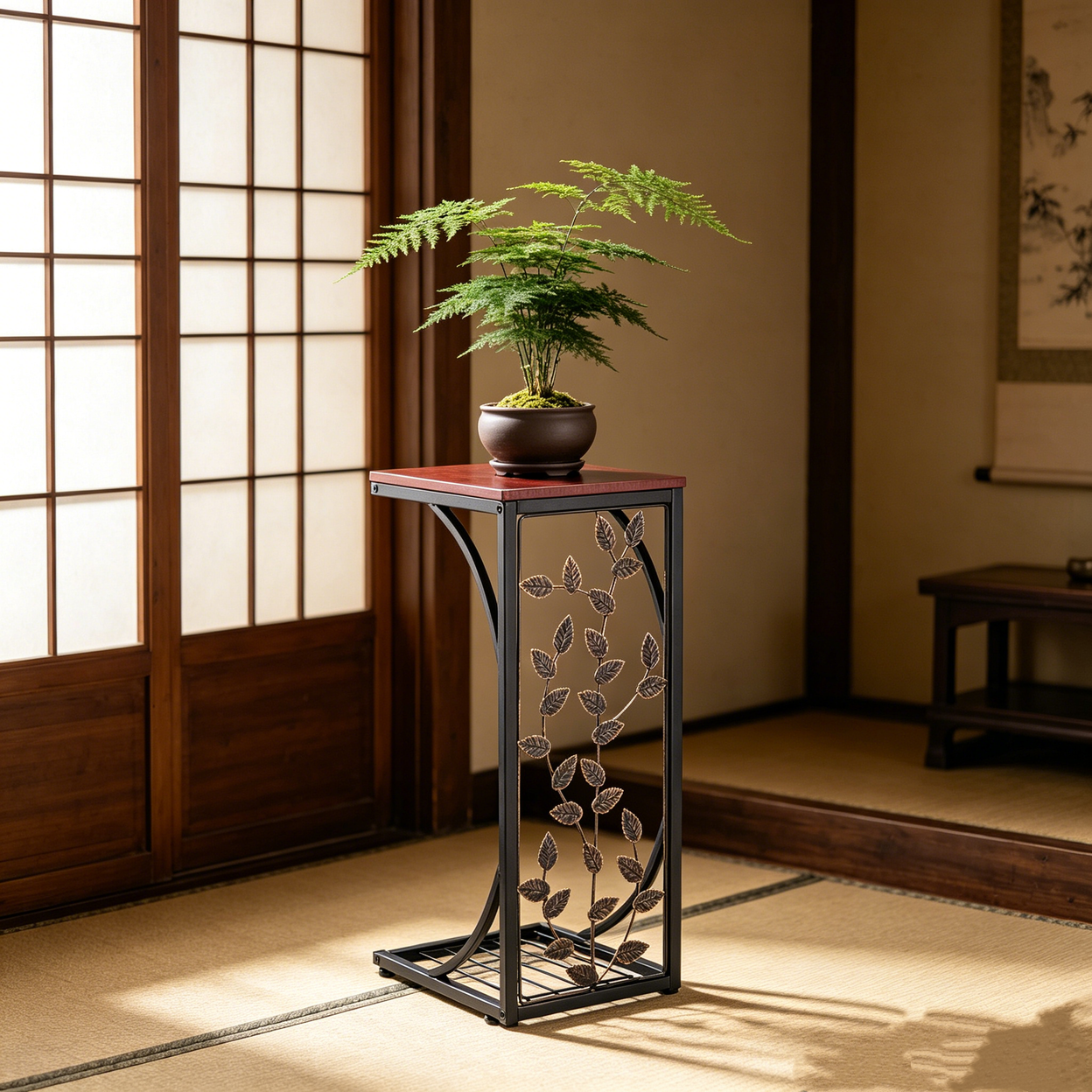 【Same Code：84356574】54*30.5*21CM Leaf Pattern Iron Side Table Coffee Table Brown