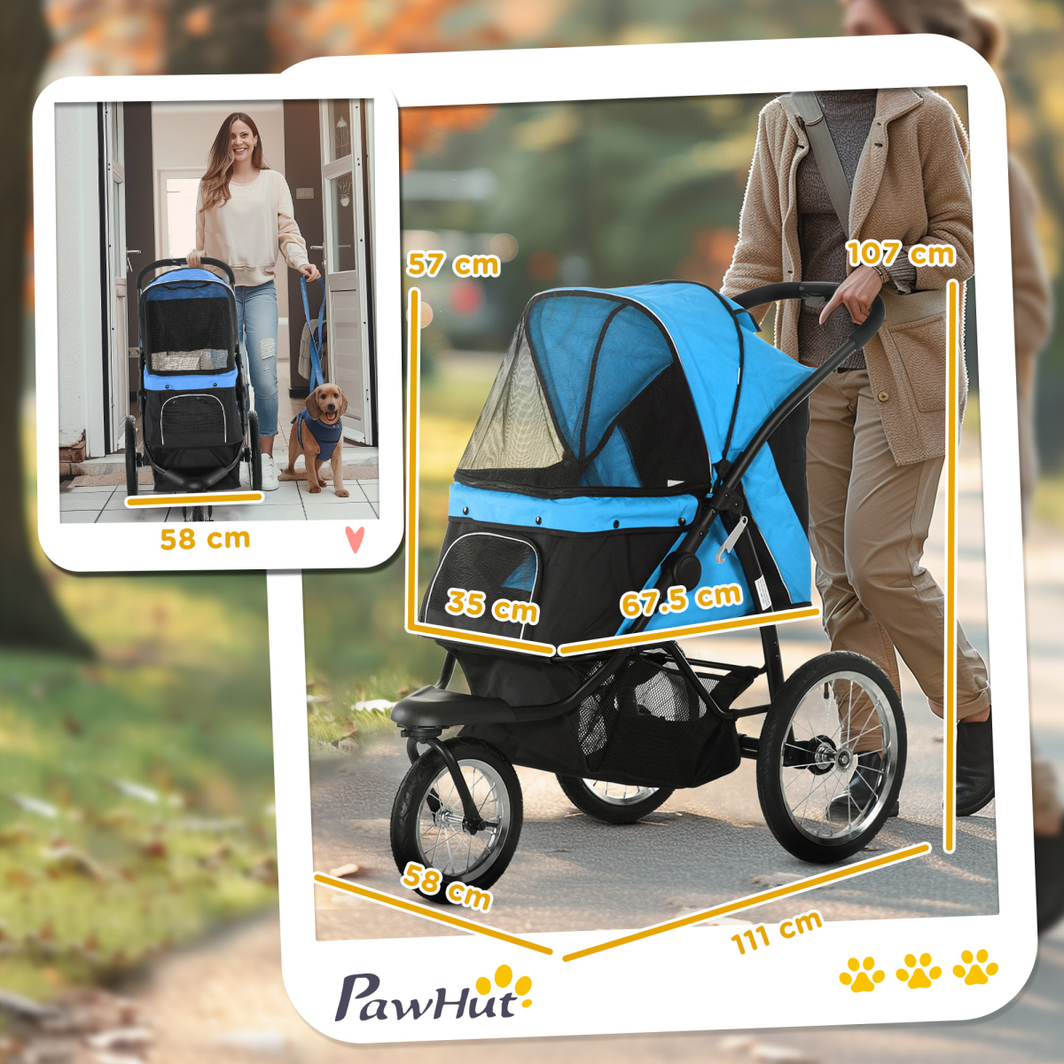 3 Wheel Pet Stroller, for Medium Small Dogs, Foldable Cat Pram - Blue