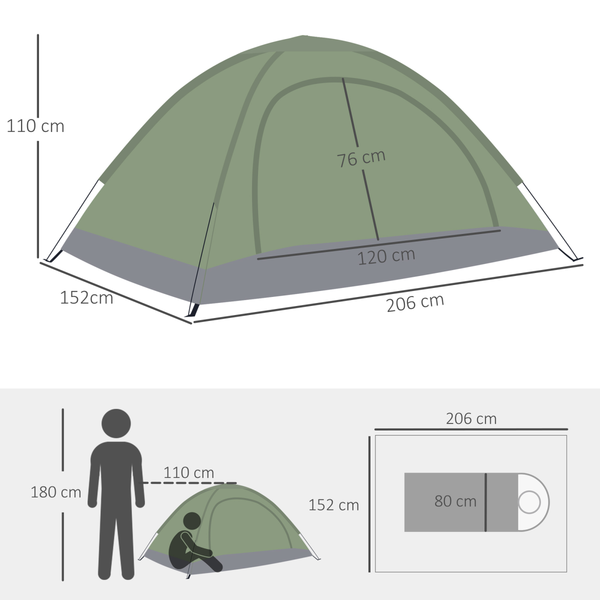 Outsunny Camping Tent for 2 Person Dome Tent w/ Storage Pocket Dark Green