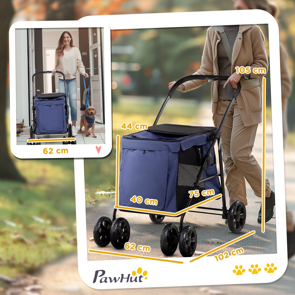PawHut One-click Foldable Pet Stroller w/ Mesh Windows, for Small Pets - Blue