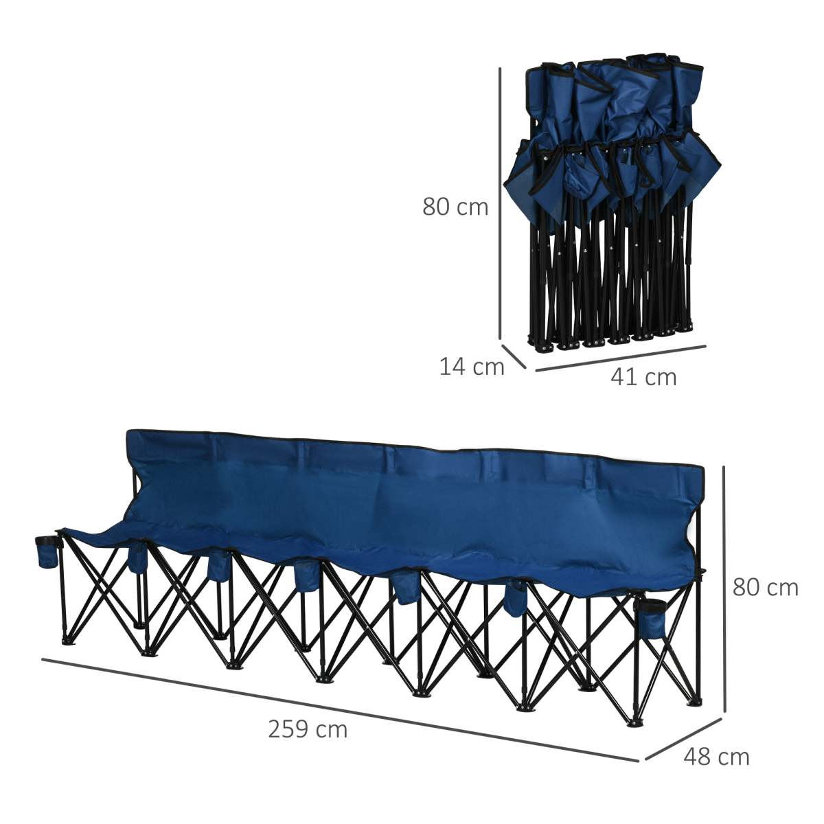 Outsunny 6 Seat Folding Bench Multi Deck Chair Cup Holder Camping Steel Blue