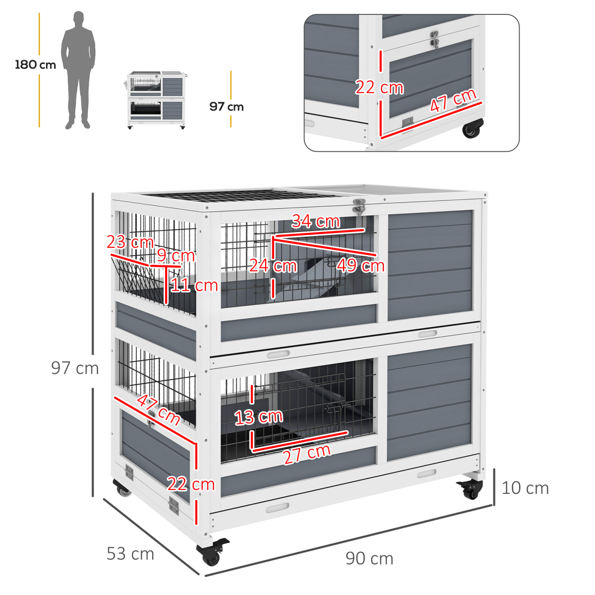 PawHut Double Deckers Indoor Rabbit Hutch w/ Feeding Trough, Slide-Out Trays