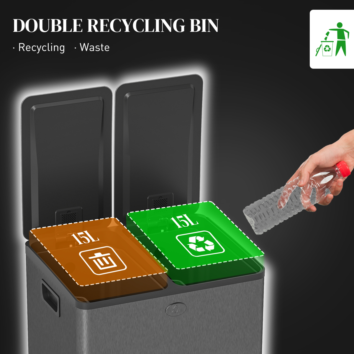 HOMCOM 2 x 15L Dual Kitchen Bin Pedal Bin for Recycling and Waste, Black