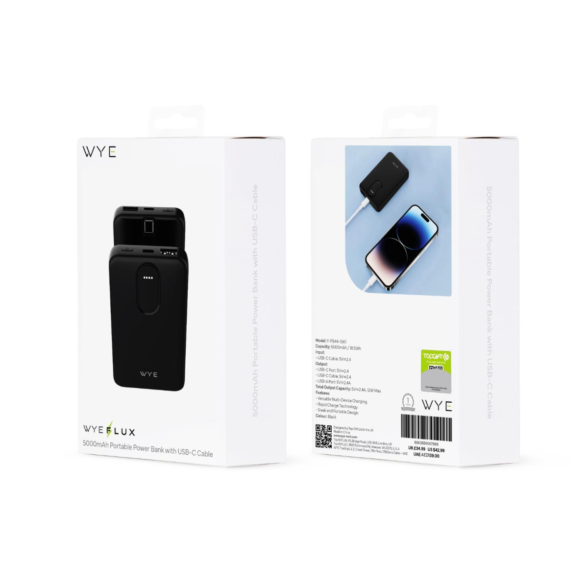 Wyeflux 5000mAh Portable Power Bank with USB-C Cable - Black