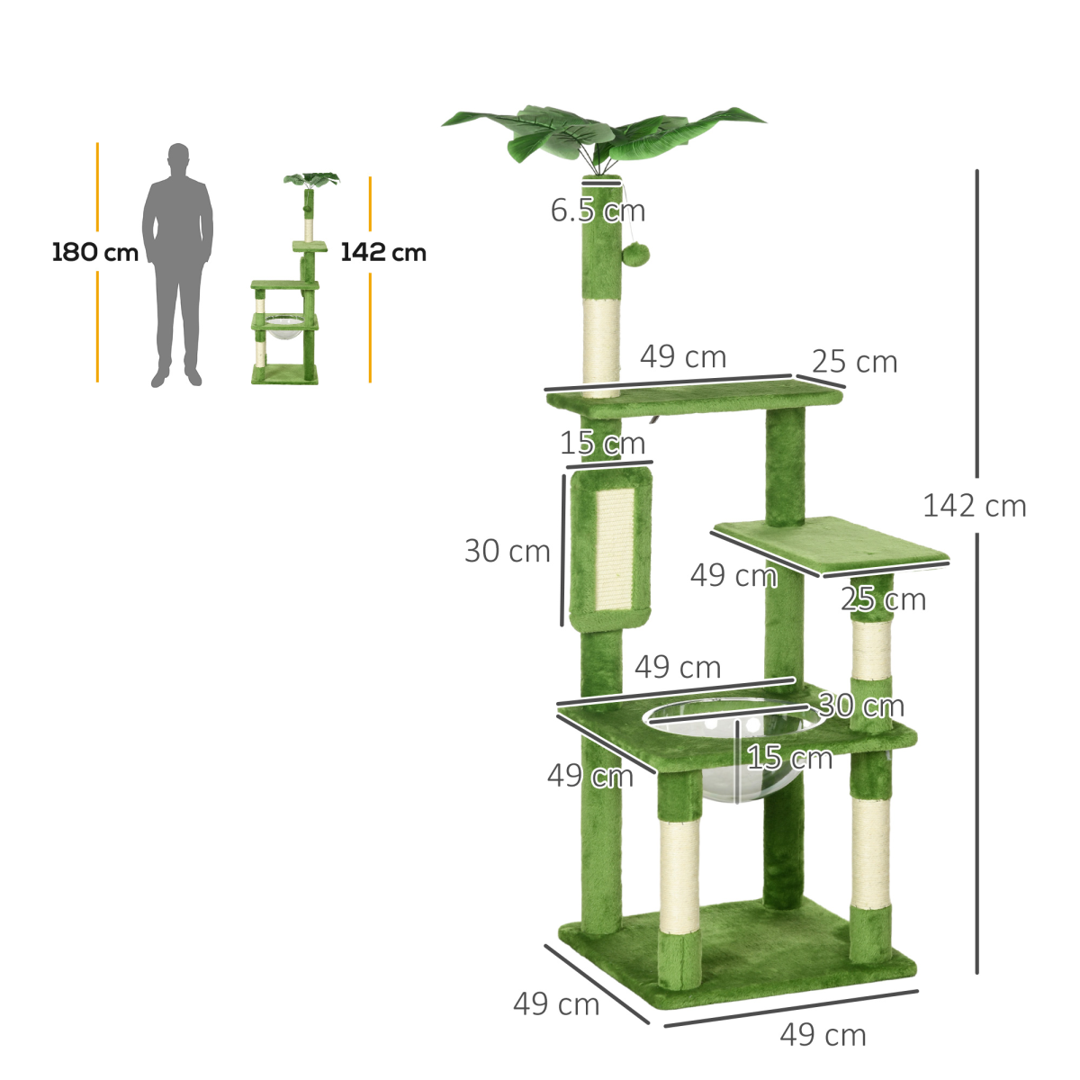 PawHut 142cm Cat Tree Tower with Scratching Post Hammock Ball Platforms Green